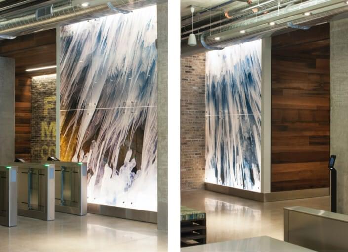 The final installation of this masterpiece of architectural glass artwork designed by Suzanne Tick, photographed by Bonnie Edelman, and printed on the glass in the lobby of 1k Fulton by Skyline Design architectural glass manufacturer.