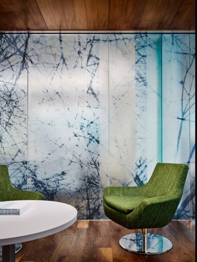 A piece of commericial glass artwork hung on the glass partition of Peter Cooper Village Stuyvesant Town by Skyline Design, the industry-leading architectural glass manufacturer.